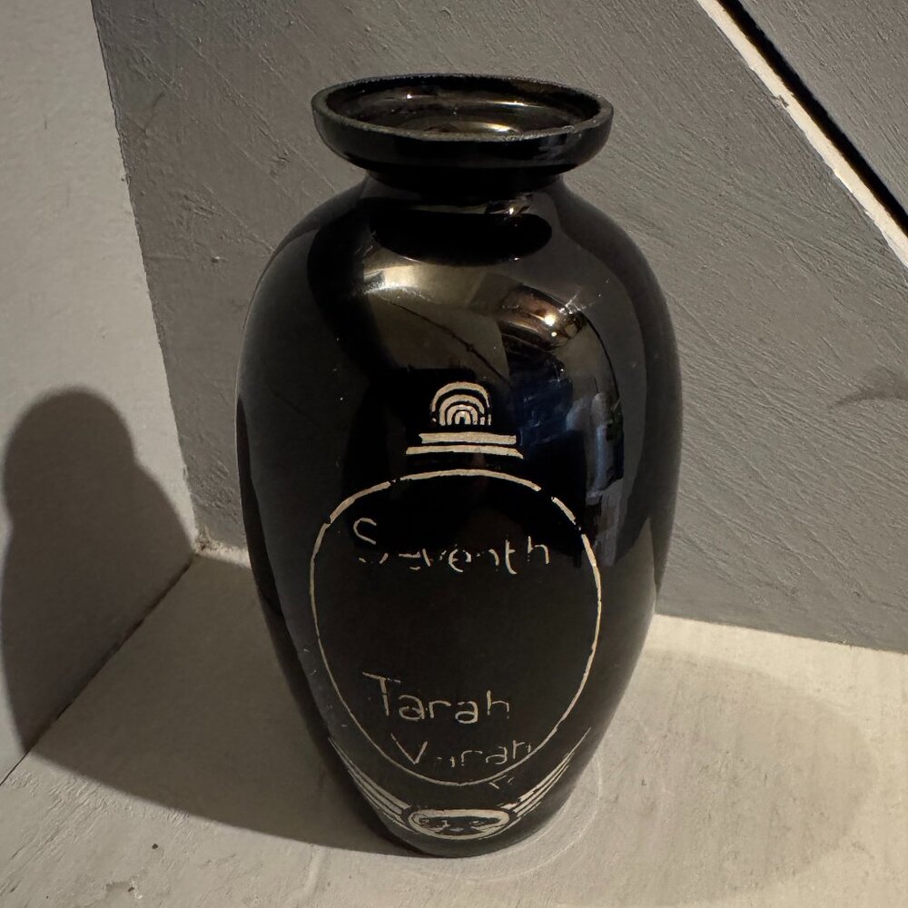 Arts & Crafts Black Amethyst Glass Vase Hand Written Design Phone Wings